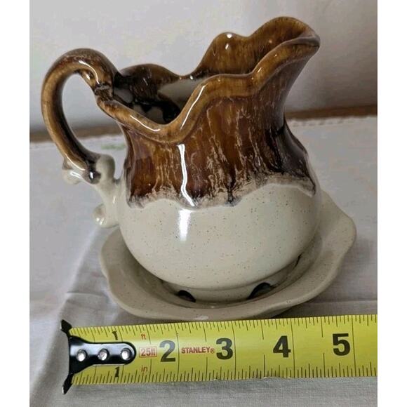 Brown Beige Glazed Pottery Small Planter Pitcher With Attached Saucer 5" x 5" - Picture 8 of 9